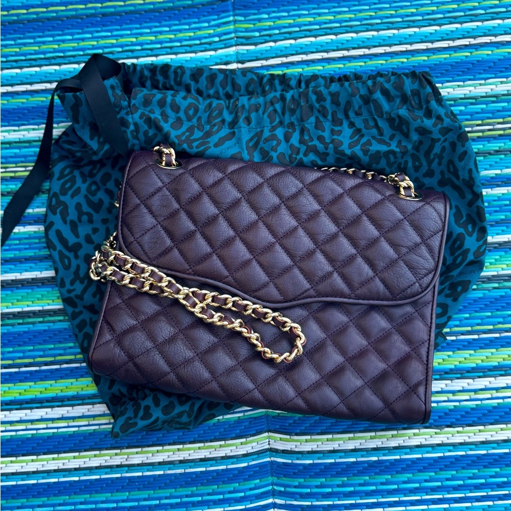 Rebecca Minkoff A Quilted Affair envelope clutch eggplant leather & gold chain